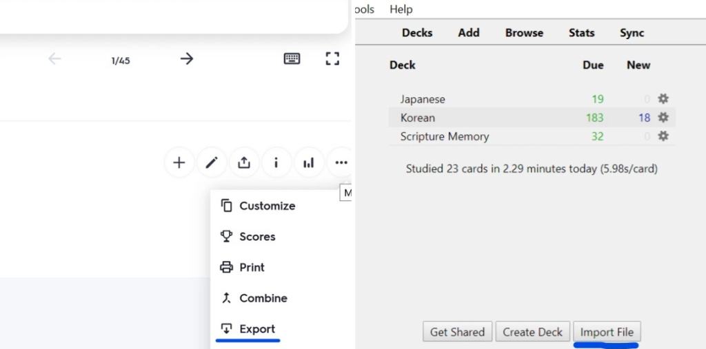 Exporting a deck from Quizlet and importing the file to Anki.